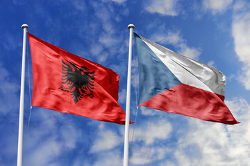 3d illustration. Albania and Czech Republic Flag waving in sky. High detailed waving flag. 3D render. Waving in sky. Flags fluttered in the cloudy sky.