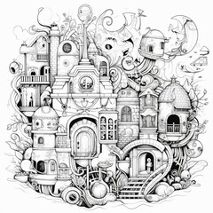 Black and White Illustration of Fairyland Medieval Castle for Coloring. Developing Children Skills for Drawing. Coloring Book, Coloring Page.
