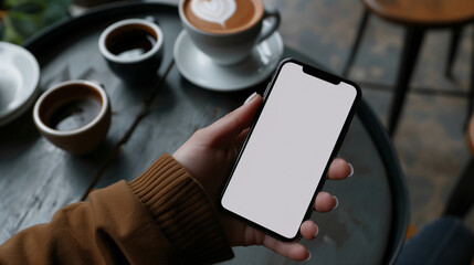 person holding smartphone, iPhone mockup,  iPhone screen cut out mockup technology graphic design illustration cutout green screen hand holding black smartphone vector business, coffee shop background