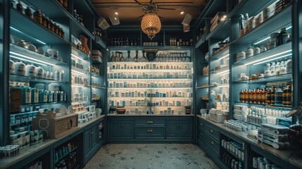 Modern bright and clean pharmacy store, display medicine and medical equipment on shelves, AI generated for Ai