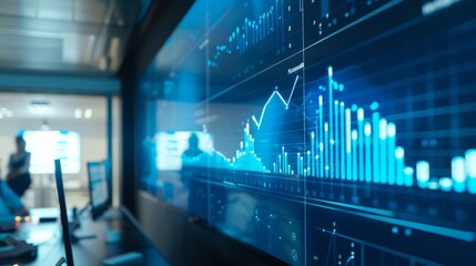 A close-up of a business graph projected onto a conference room wall, with team members discussing strategies for improvement.
