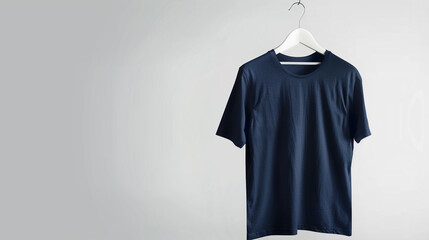  A minimalist composition featuring a navy blue t-shirt with half sleeves suspended on a white hanger - Powered by Adobe