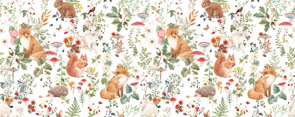 Naklejka premium Large size wall mural with hand drawn watercolor forest animals and plants. Stock illustration.