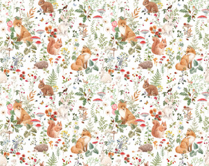 Large size wall mural with hand drawn watercolor forest animals and plants. Stock illustration. © zenina