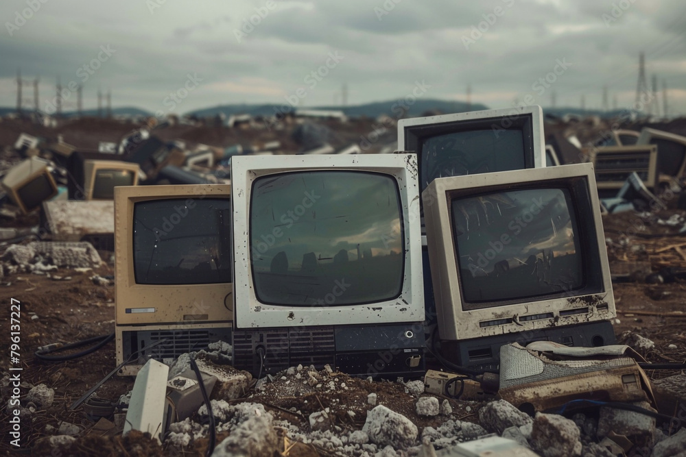 Poster outdated computer monitors in a landfill, highlighting the environmental cost of tech progress