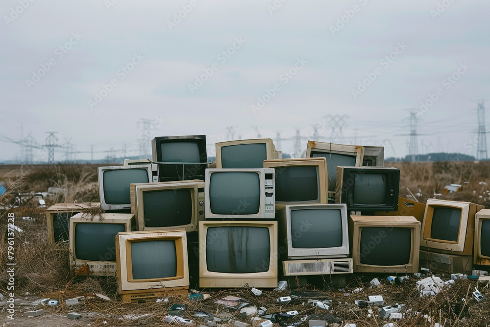Poster outdated computer monitors in a landfill, highlighting the environmental cost of tech progress