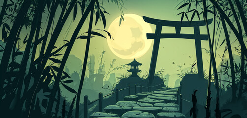 A serene Asian scene featuring a silhouetted torii gate, stepping stones, and pagoda under a full moon.
