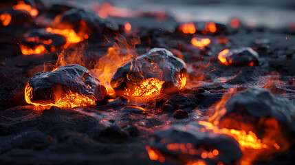 A rocky beach with a lava flow. The rocks are black and the lava is orange. The scene is intense and dramatic