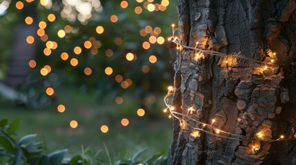 A close-up of sparkling fairy lights wrapped around a tree trunk, adding a magical touch to outdoor spaces and creating a whimsical ambiance.