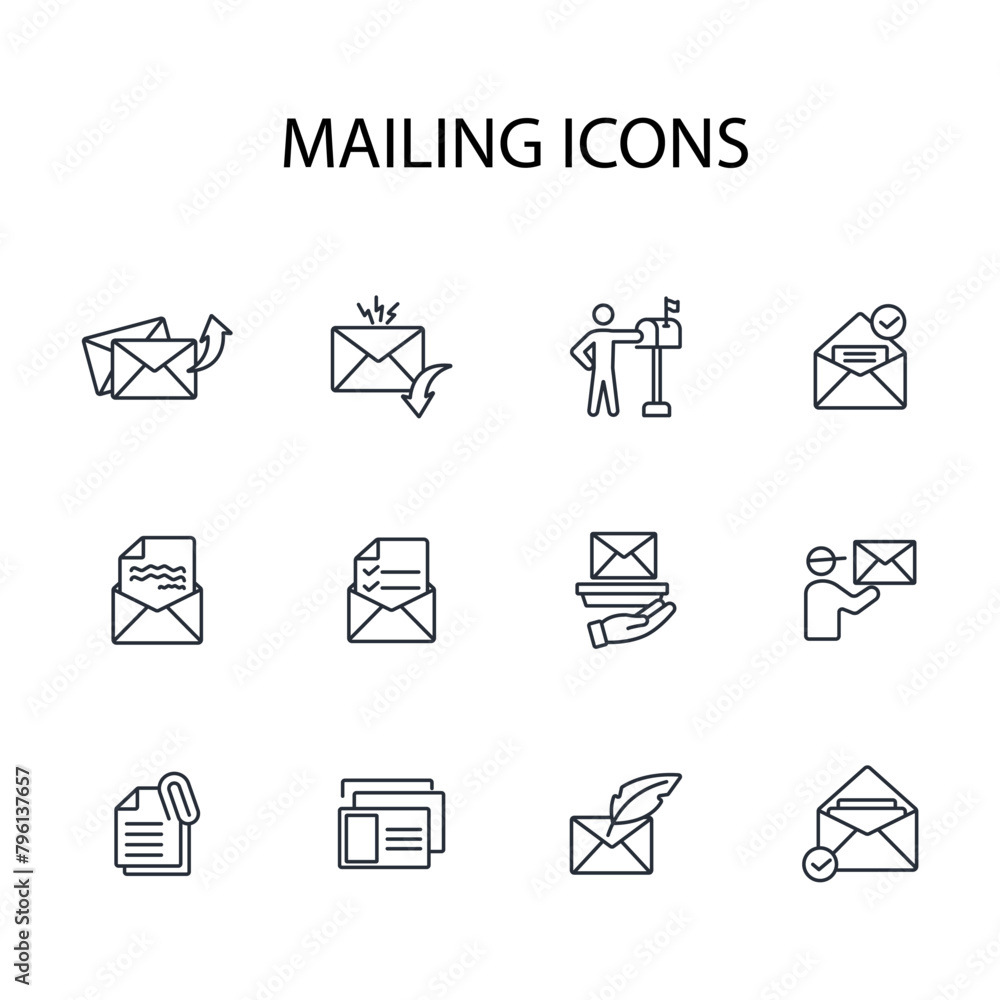 Poster mailing icon set.vector.editable stroke.linear style sign for use web design,logo.symbol illustratio