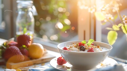 breakfast table with yogurt background blur