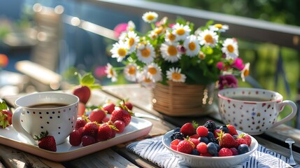 Breakfast with berries and coffee is served on the summer terrace or balcony