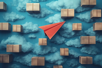 a red paper plane carrying carton boxes