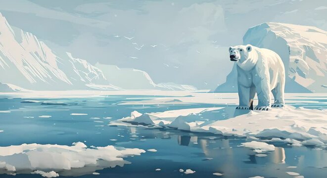 Global warming effect on polar fauna, melting ice habitats, minimalist,