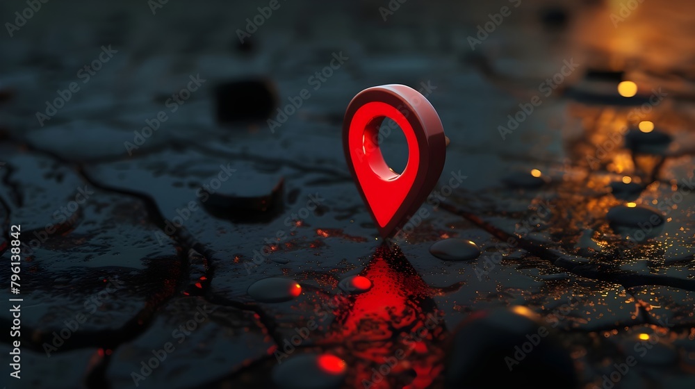 Wall mural navigational search engine optimization maps red marker on dark black background (generative ai)