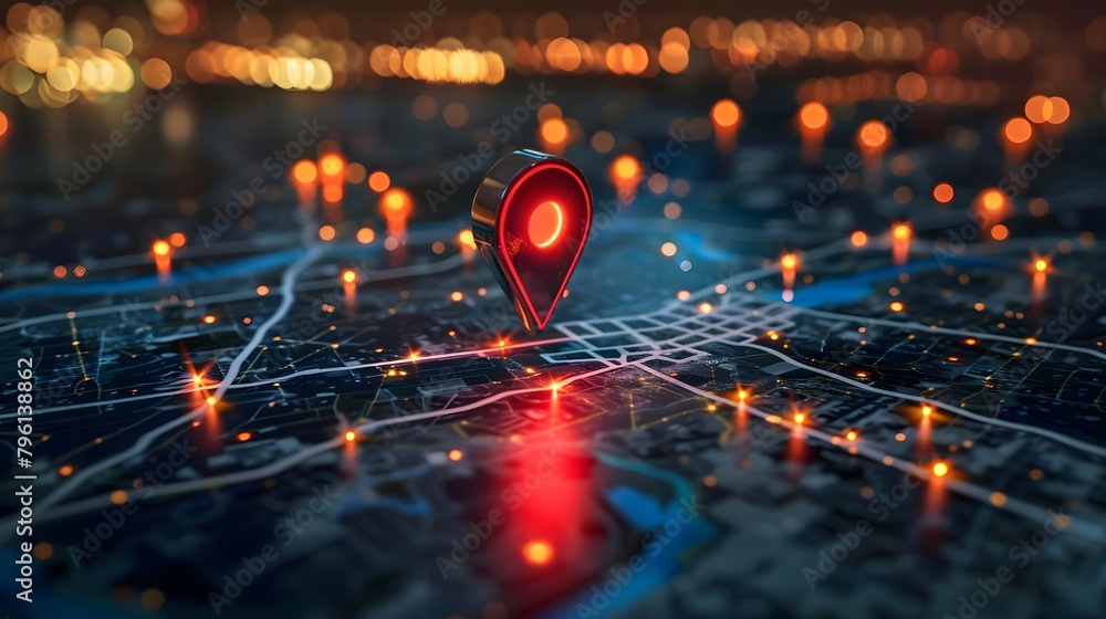 Wall mural navigational search engine optimization maps red marker on city lights background (generative ai)