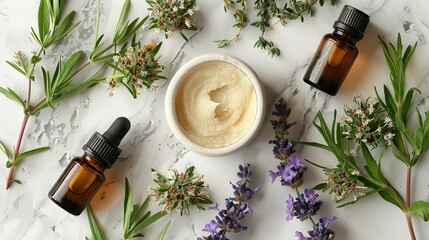Flat lay composition with essential oil and lavender flowers on light background