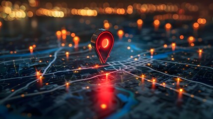 Navigational Search Engine Optimization Maps Red Marker On City Lights Background (Generative AI)