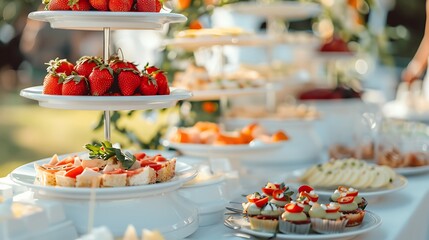 Catering service snacks for guests on the table blur background