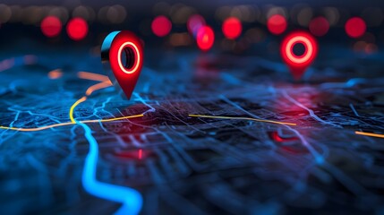 Navigational Search Engine Optimization Maps Red Marker On City Lights Background (Generative AI)