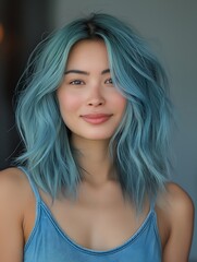 Naklejka premium Smiling Asian woman with blue hair