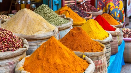 A colorful spice market with bags of vibrant powders and whole spices on display