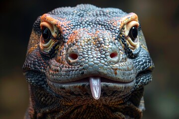 Fototapeta premium Komodo Dragon: Tongue flicking out with textured skin and forked tongue, depicting behavior