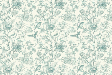 Toile floral pattern tapestry. Vintage botanical wallpaper pattern. Background image. Created with Generative AI technology