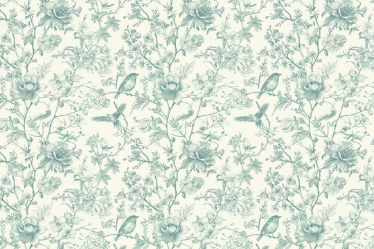 Toile floral pattern tapestry. Vintage botanical wallpaper pattern. Background image. Created with Generative AI technology