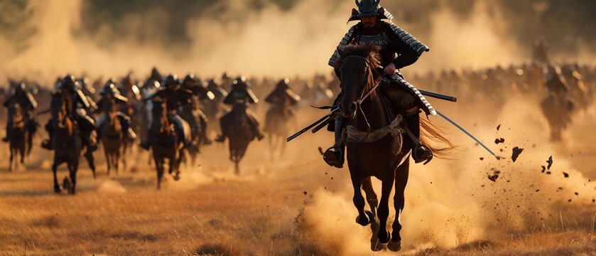 Japanese samurai on a horse galloping into battle, action battle scene