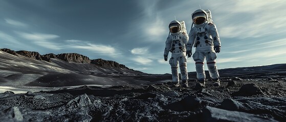 Two astronauts in spacesuits posing on the surface of exoplanet, space exploration