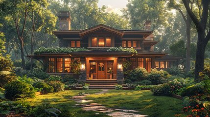 Surrounded by a lush, verdant landscape, a craftsman house stands as a beacon of architectural...