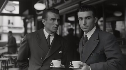 Two male business colleagues drinking coffee, having discussion