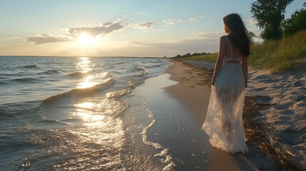 A young woman in white dress walking along the sea shore during sunset
