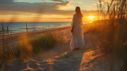 Women in white dress at the beach enjoying sunset