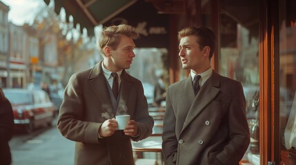 Two men in suits having conversation, drinking coffee, 1960-s style