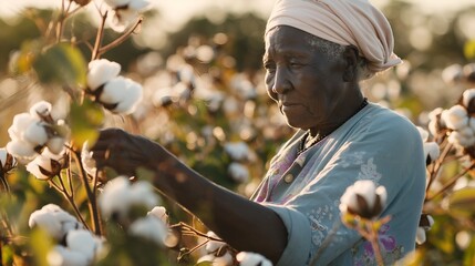 African-American elderly woman picking cotton at a plantation