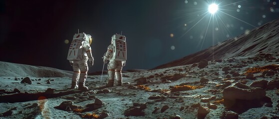 Two astronauts on the moon surface, sun in background