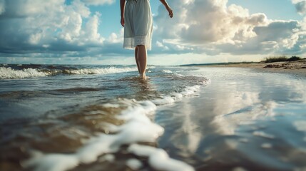 Woman in a white dress walking on the beach, feet in water