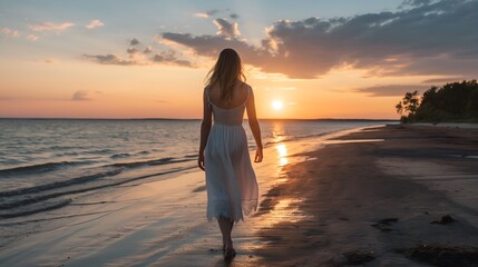 Blonde woman in white dress walking on the beach at sunset