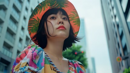 Japanese women wearing Kawaii-style outfit and hat, Tokyo cityscape background