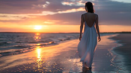 Blonde woman in white dress watching sunrise on the beach
