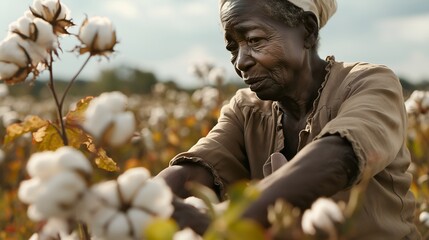 Old black slave woman picking cotton on a hot day