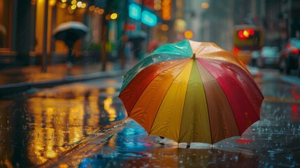 A colorful umbrella against a backdrop of rain-soaked streets, reflecting the vibrant energy of city life amidst the seasonal showers.