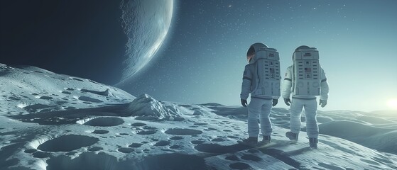 Two Astronauts on a moon watching a large Exoplanet, dark space, stars shining