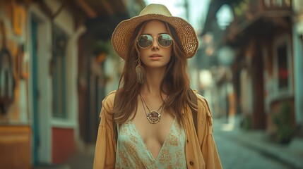 Blonde woman with long hair, wearing sunglasses and straw hat, walking on the street, Boho style