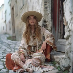 Blonde woman wearing Boho style outfit, Tallinn Old Town