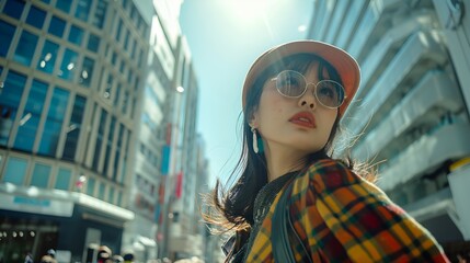 Japanese woman in central Tokyo, Preppy style outfit, fashion photography