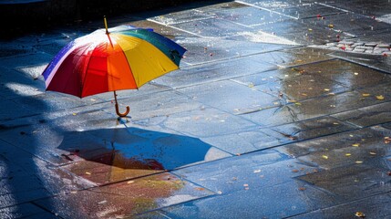 A colorful umbrella casting a playful shadow on a rain-soaked sidewalk, adding a touch of whimsy to a dreary day.