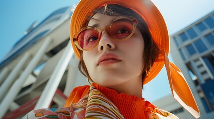 Japanese fashion model wearing Kawaii style hat, glasses and outfit, posing in central Tokyo